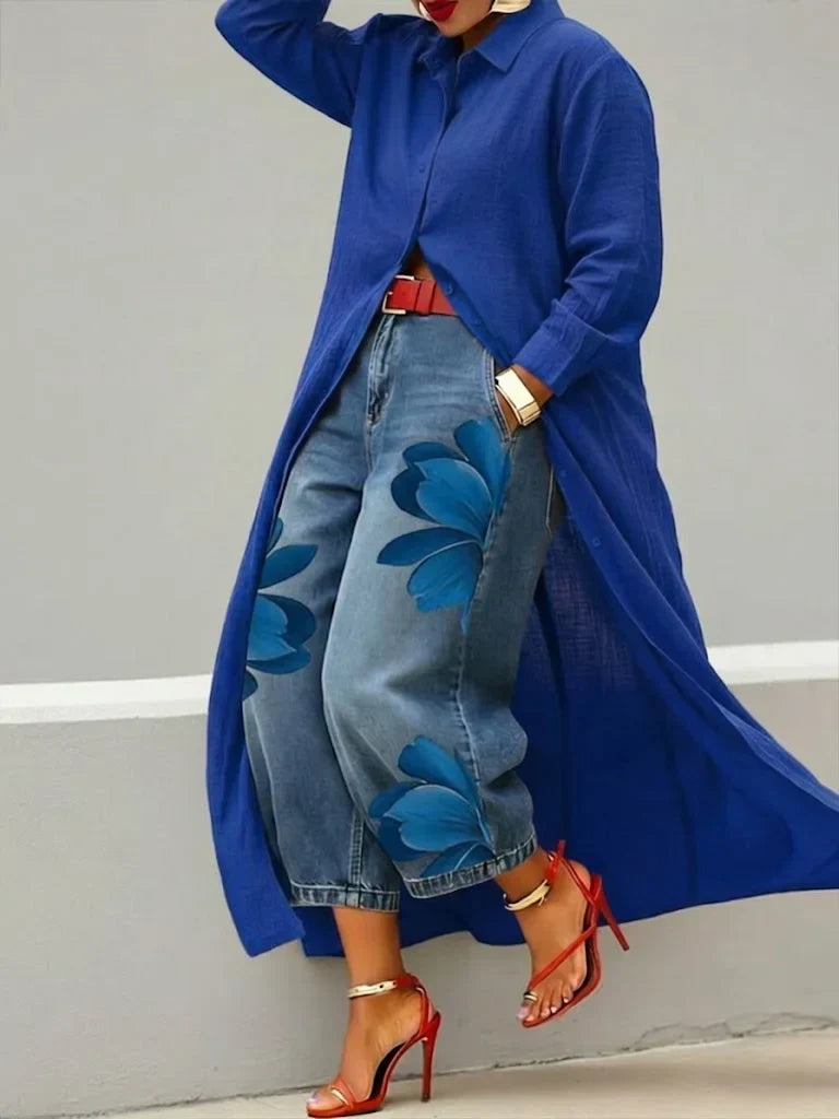 Analie | Shirt Dress and Floral Jeans Set