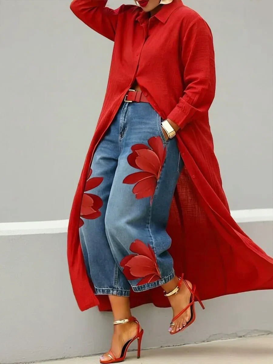 Analie | Shirt Dress and Floral Jeans Set