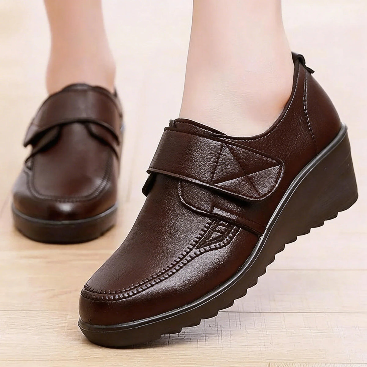 Lorraine | Adjustable-Strap Wedge Shoes - Dark Brown