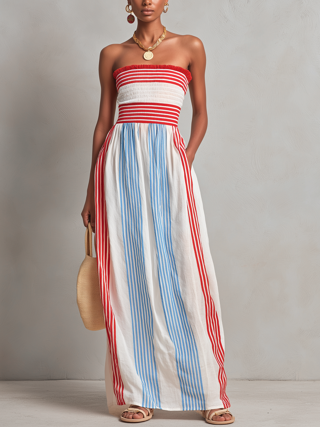 Talia | Striped Smocked Strapless Maxi Dress