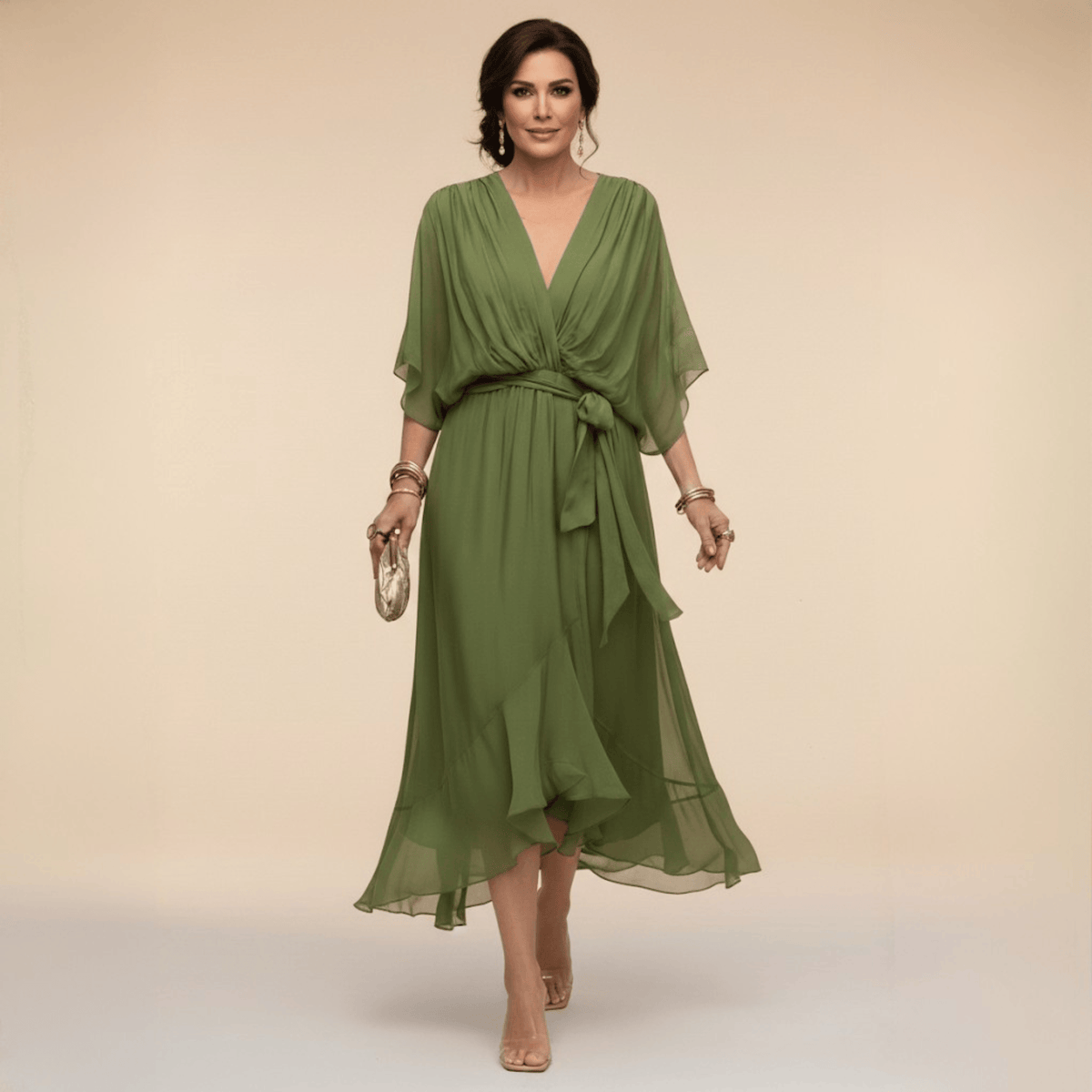 Aurelie | Flutter-Sleeve Wrap Dress - Olive Green