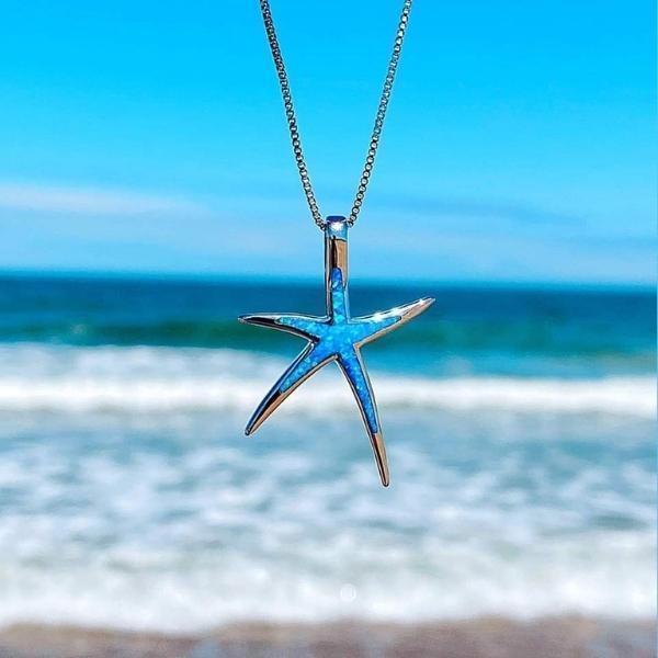 Blue Opal and Silver Starfish Pendant