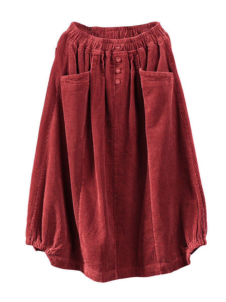Hortense | Elastic-Waist Midi Skirt with Pockets - Red