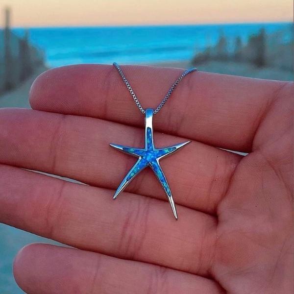 Blue Opal and Silver Starfish Pendant