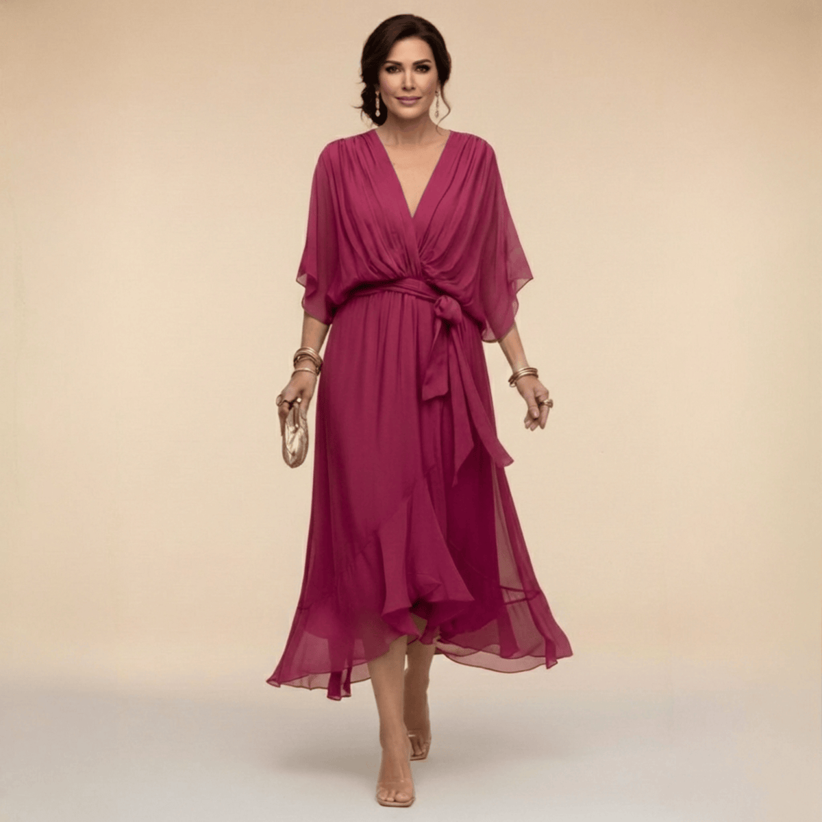 Aurelie | Flutter-Sleeve Wrap Dress - Berry