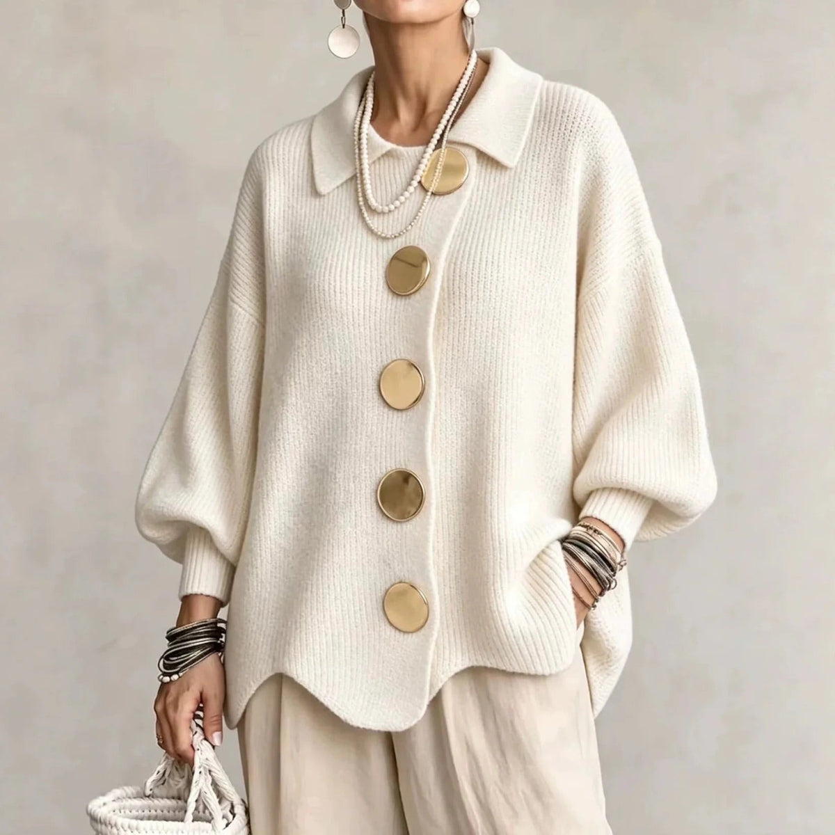 Pauline | Button-Front Scalloped Hem Cardigan - Cream