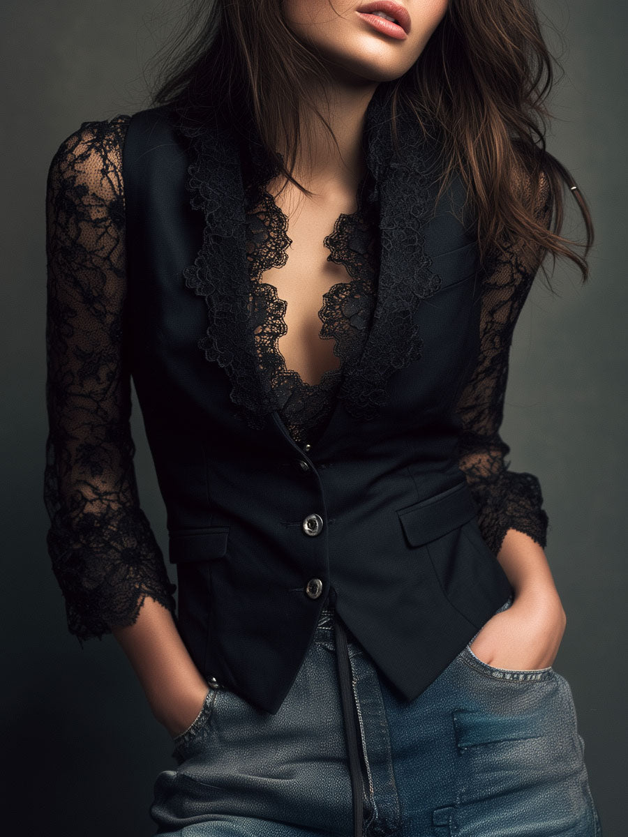 Selina | Elegant Lace Blouse with Tailored Waistcoat