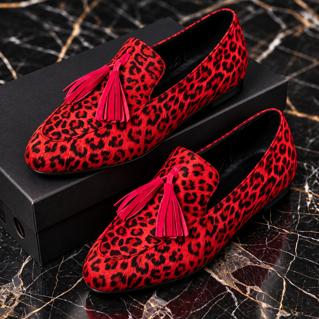 Nola | Leopard Tassel Loafers - Red