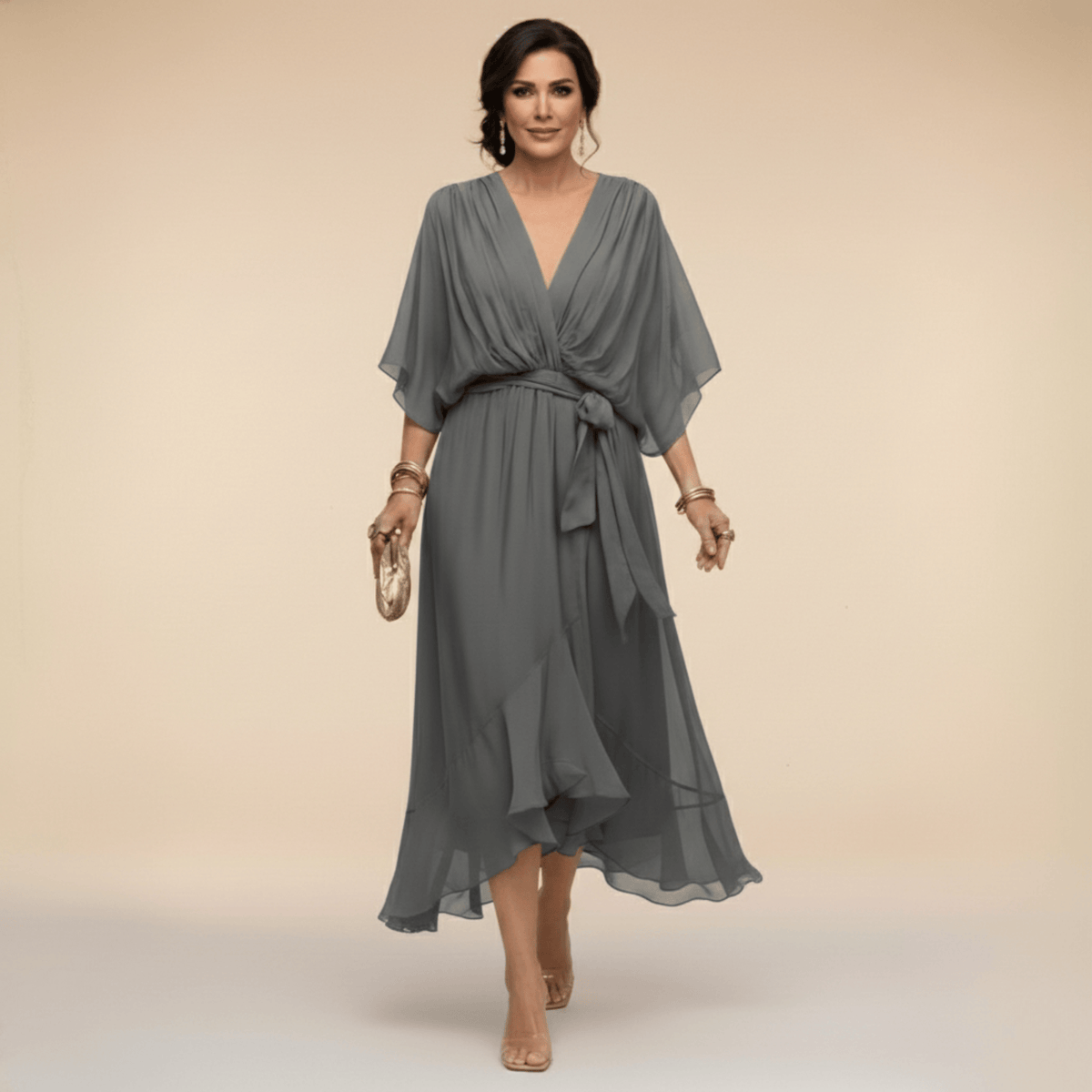 Aurelie | Flutter-Sleeve Wrap Dress - Slate Grey