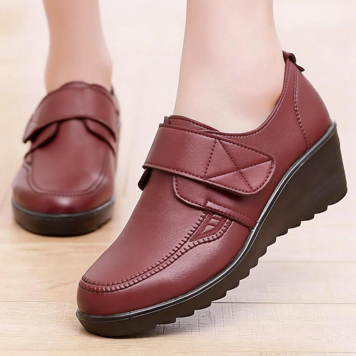 Lorraine | Adjustable-Strap Wedge Shoes - Brick Red