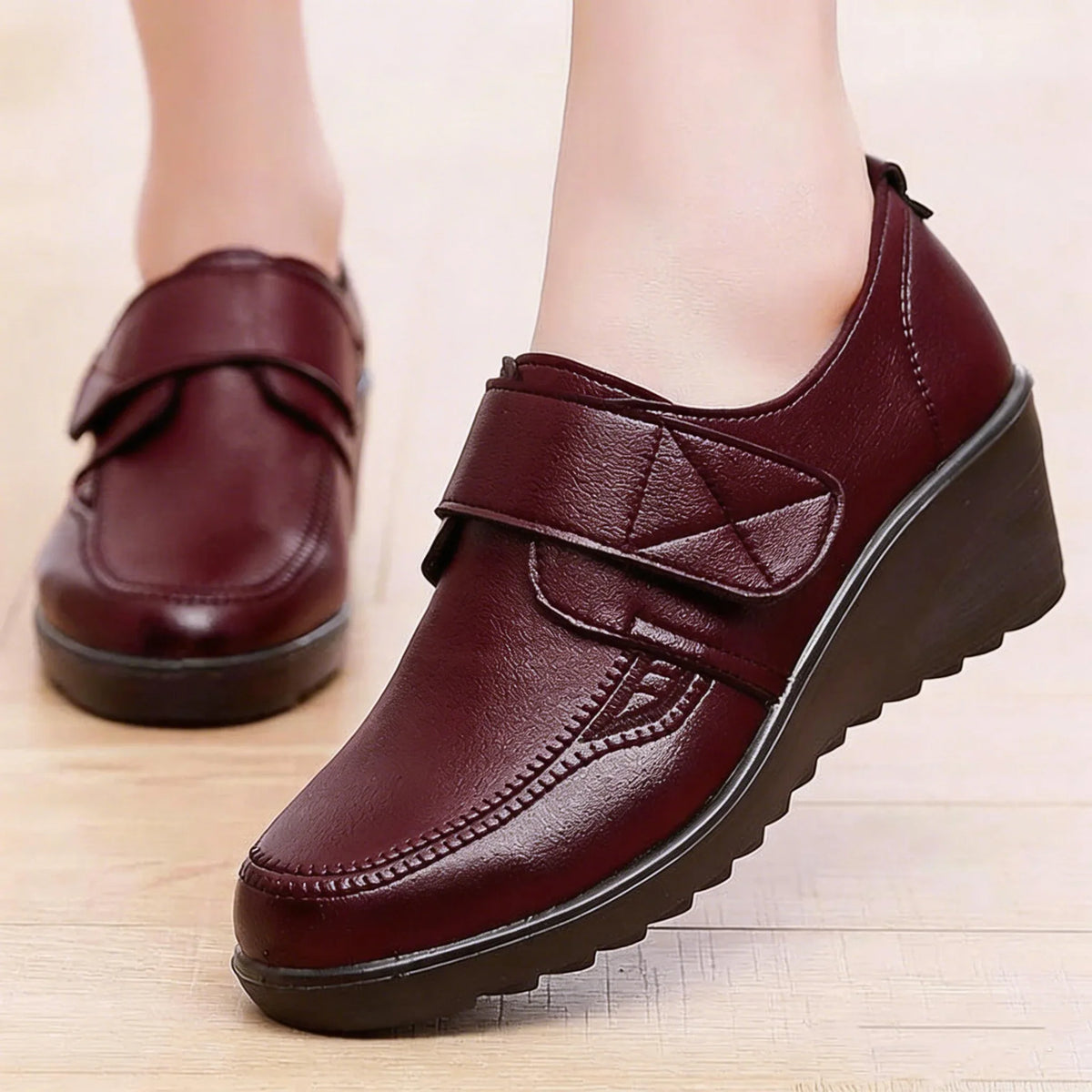 Lorraine | Adjustable-Strap Wedge Shoes - Wine Red