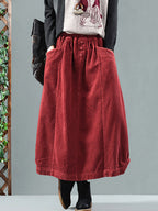 Hortense | Elastic-Waist Midi Skirt with Pockets - Red