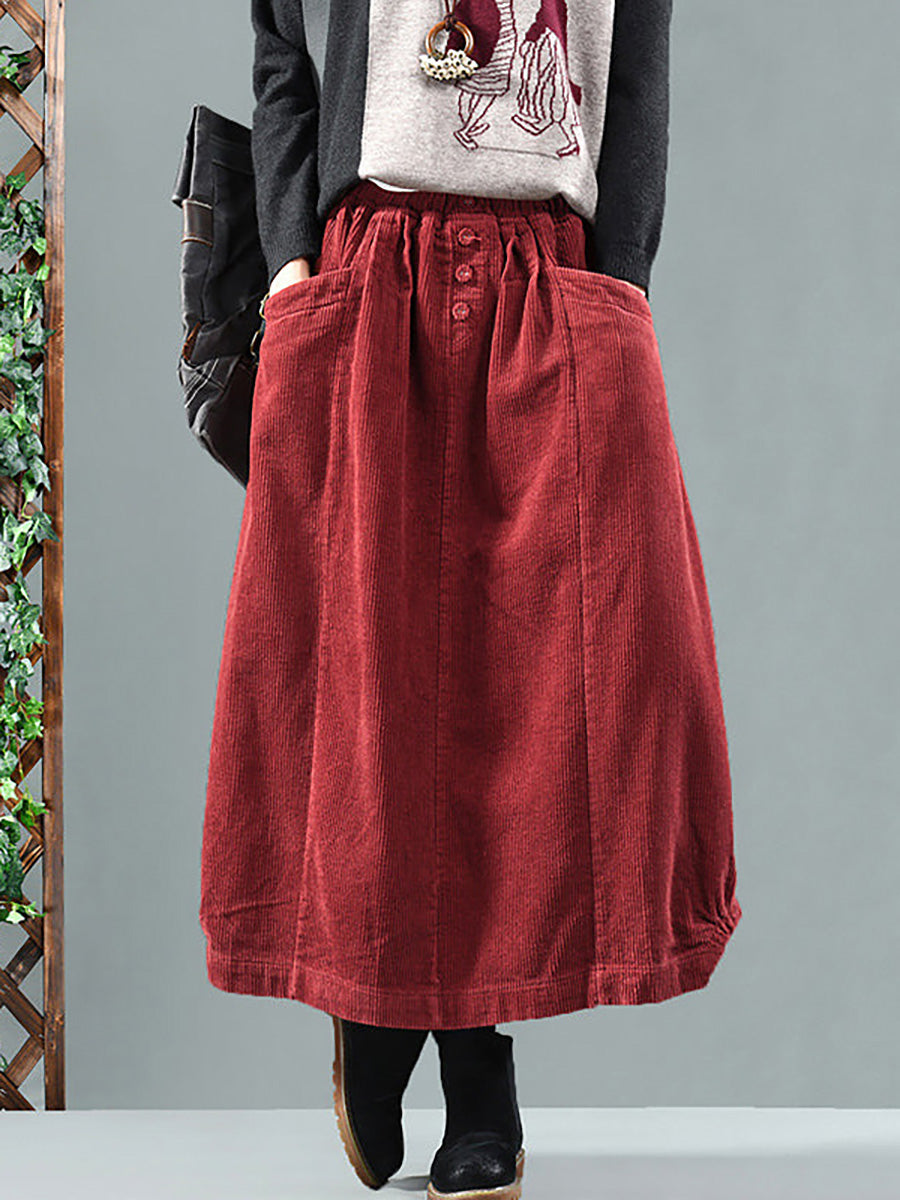 Hortense | Elastic-Waist Midi Skirt with Pockets - Red