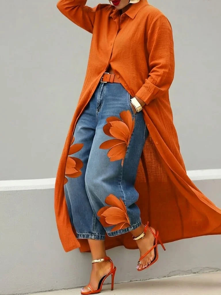 Analie | Shirt Dress and Floral Jeans Set