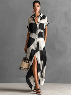 Marguerite | Geometric-Print Linen Shirt Dress