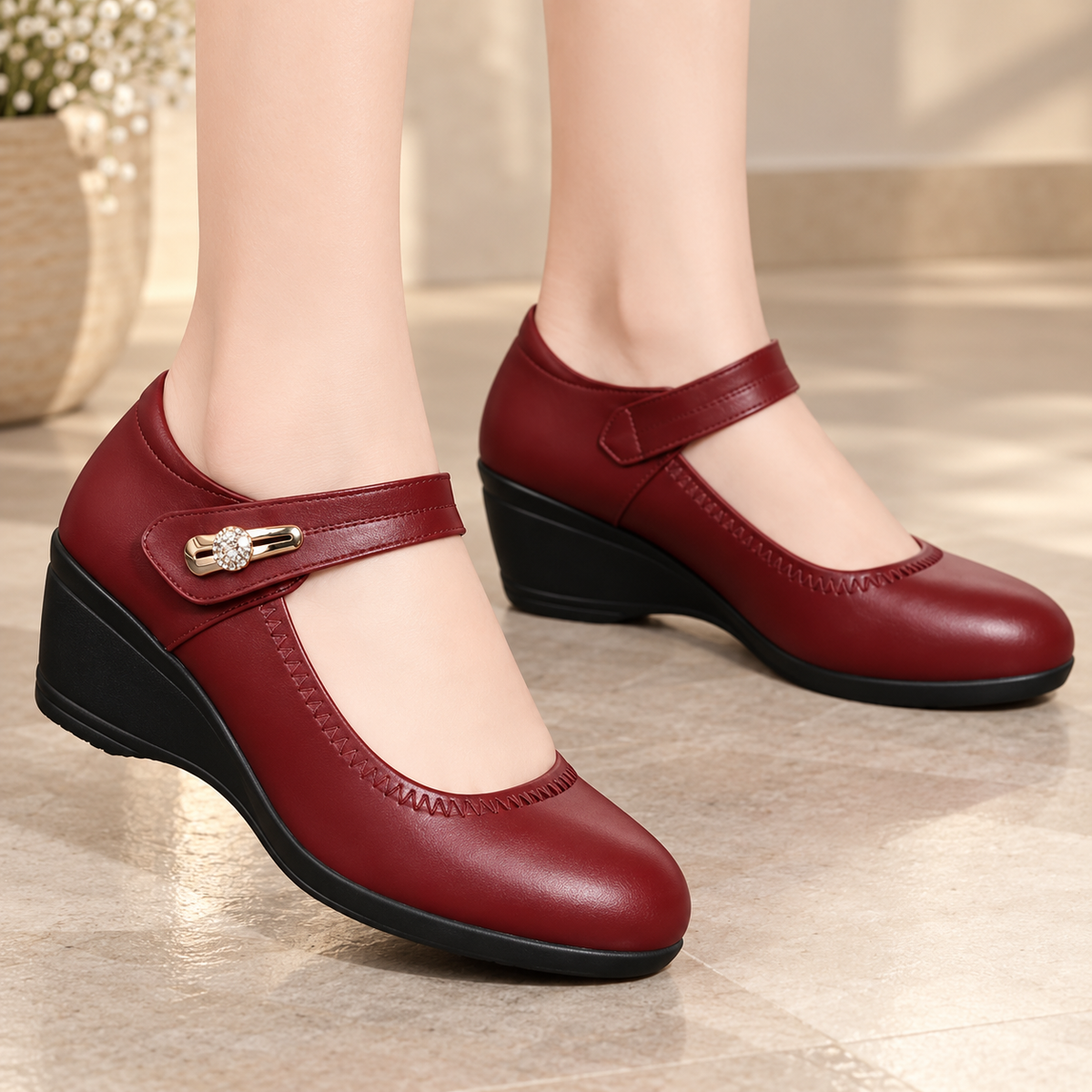 Annabel | Mary Jane Wedge Shoes - Burgundy
