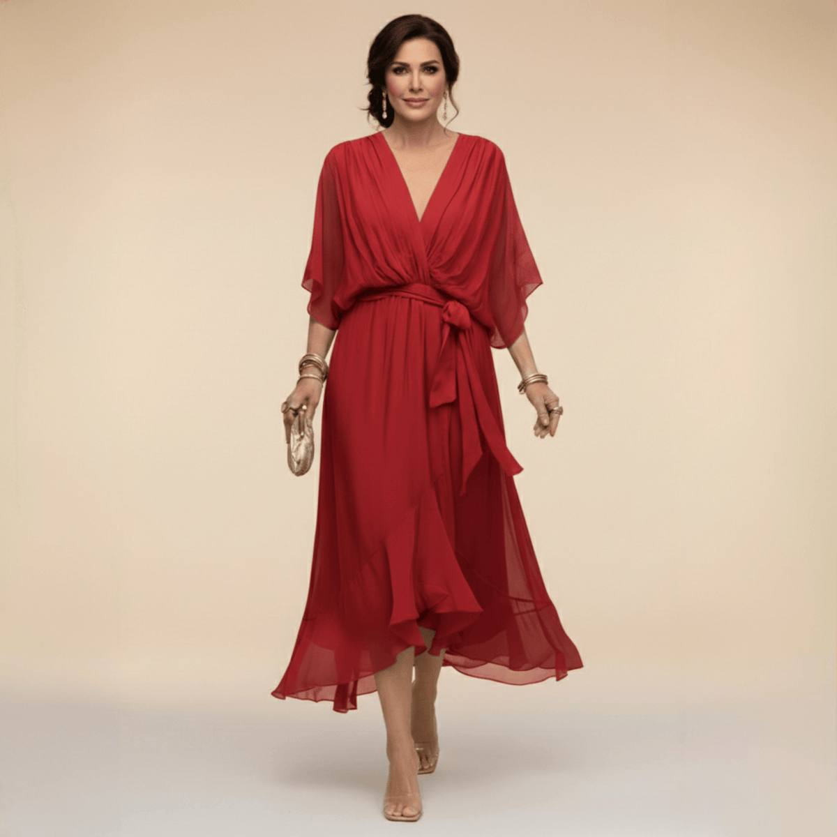 Aurelie | Flutter-Sleeve Wrap Dress - Red