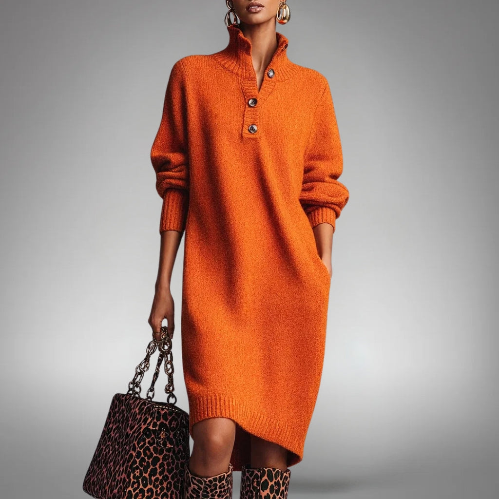 Elyon | Button-Neck Jumper Dress - Orange