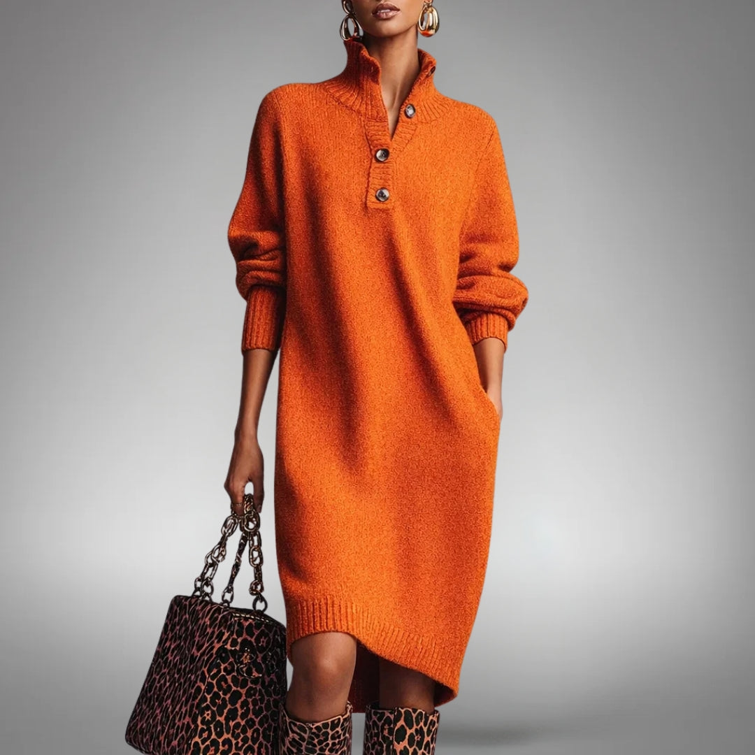 Elyon | Button-Neck Jumper Dress - Orange