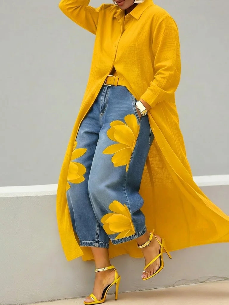 Analie | Shirt Dress and Floral Jeans Set