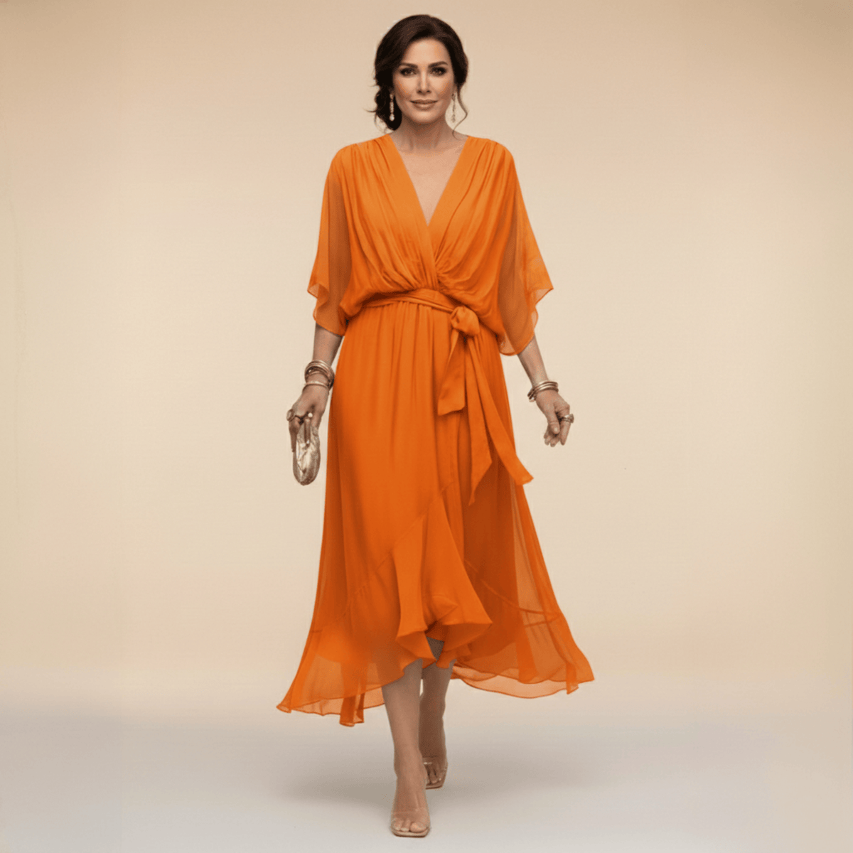 Aurelie | Flutter-Sleeve Wrap Dress - Orange