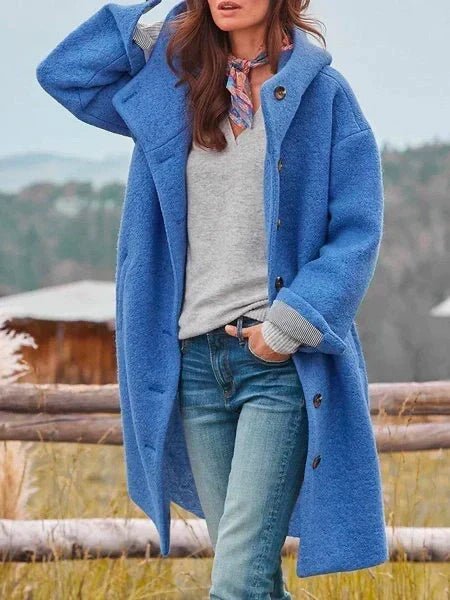 Corinne | Cosy Hooded Button Coat - Blue
