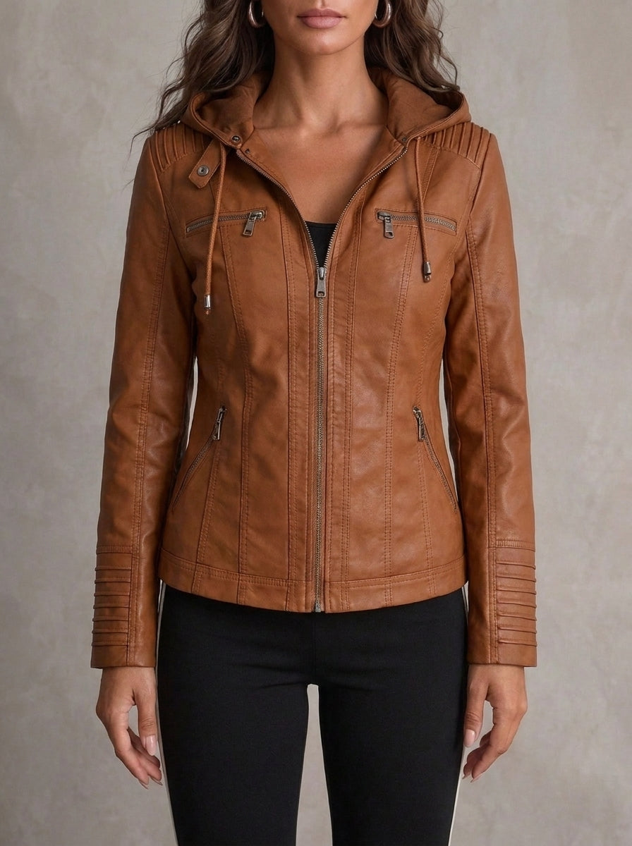 Nella | Hooded Zip-Up Jacket - Cognac/Tan