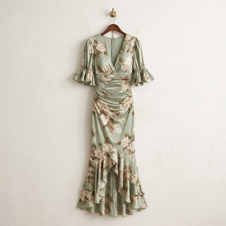 Anastasia floral maxi dress in Sage Green on a hanger
