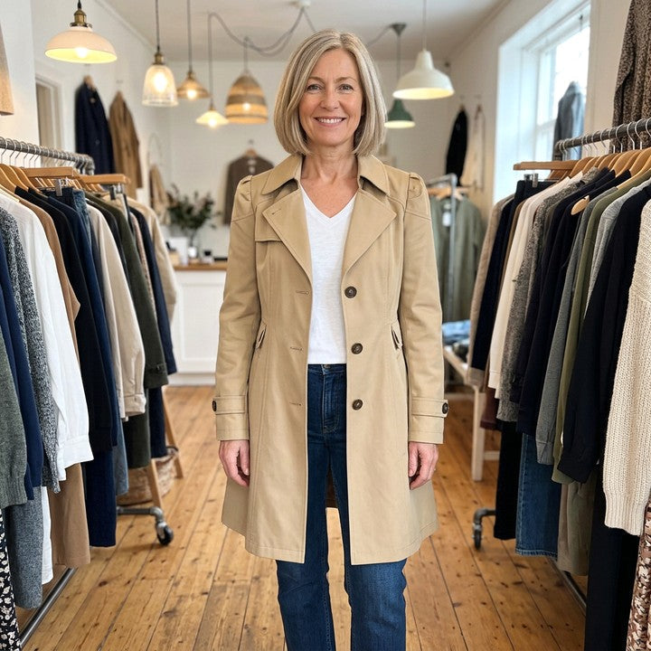 Caterina vintage coat in Camel, worn in a boutique
