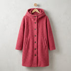 Corinne cosy hooded button coat in Pink, on a hanger