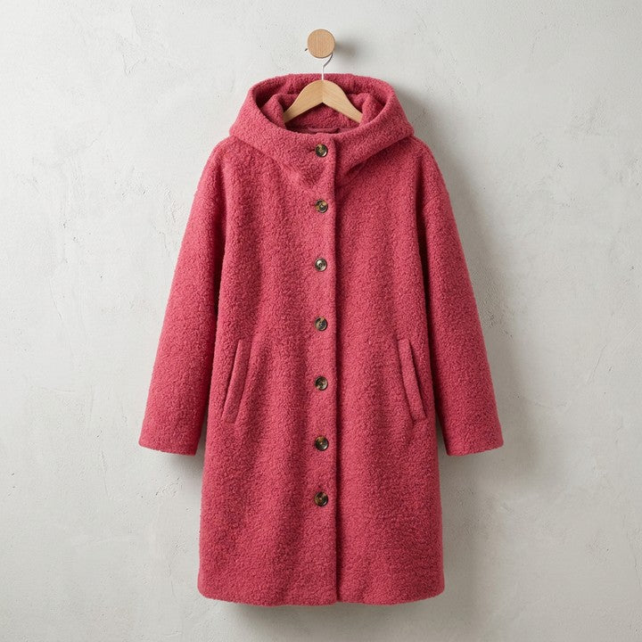 Corinne cosy hooded button coat in Pink, on a hanger