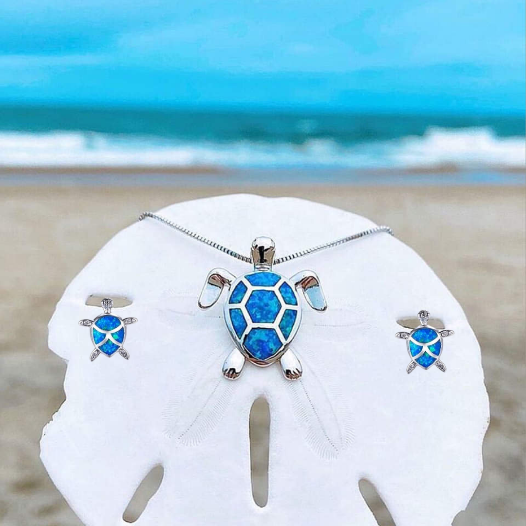 Sea Turtle Necklace + Earrings Set Opal and Silver
