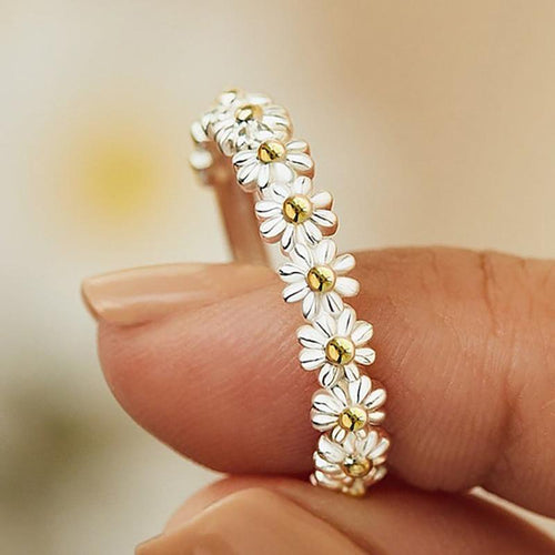 Adjustable Silver Ring with Hand-Painted Enamel Flower Design