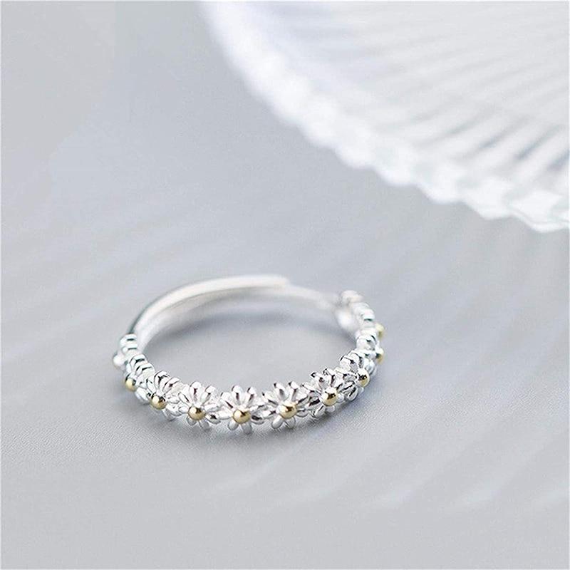 Adjustable Silver Ring with Hand-Painted Enamel Flower Design