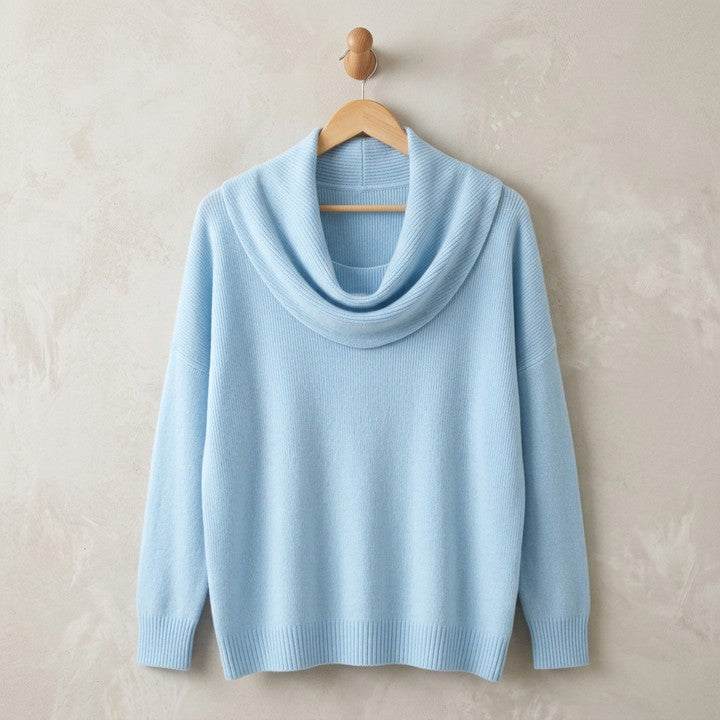 Juliette cowl neck jumper in Sky Blue on a hanger