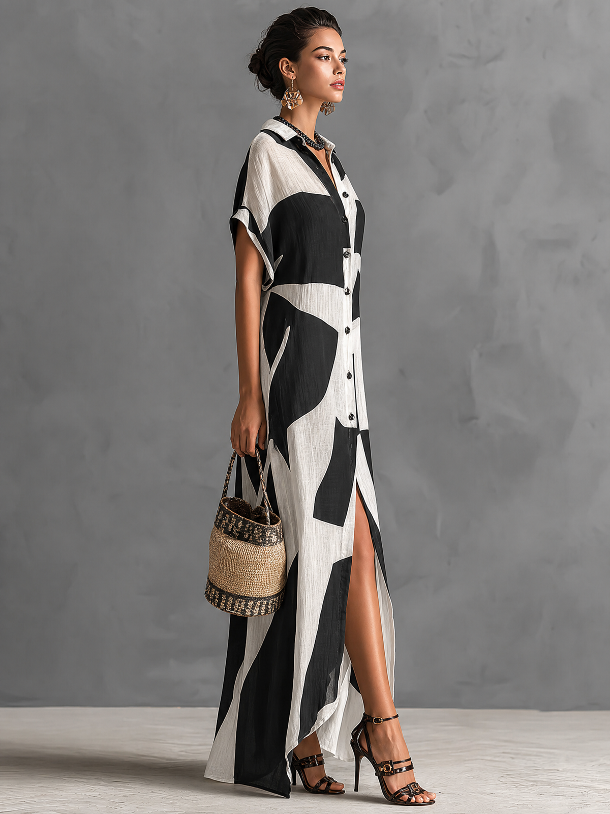 Marguerite | Geometric-Print Linen Shirt Dress