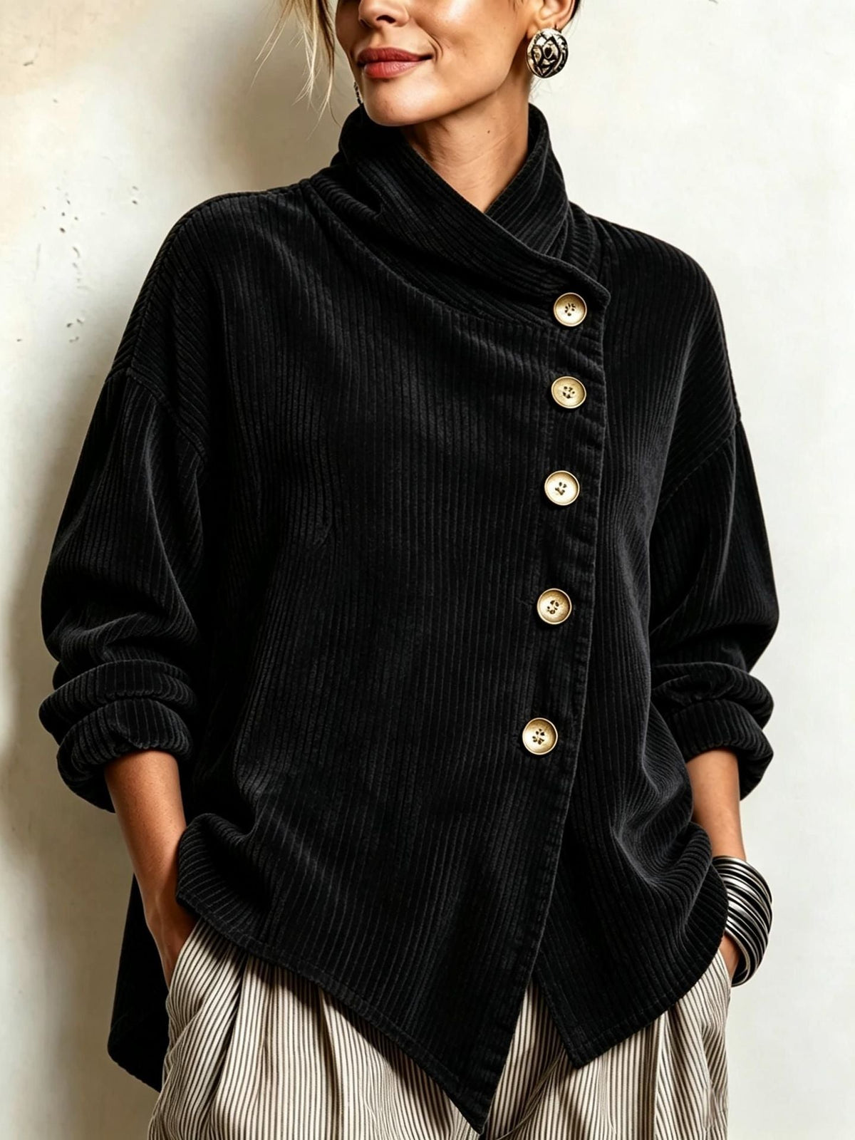 Fleur | Cowl Neck Button Pullover - Black