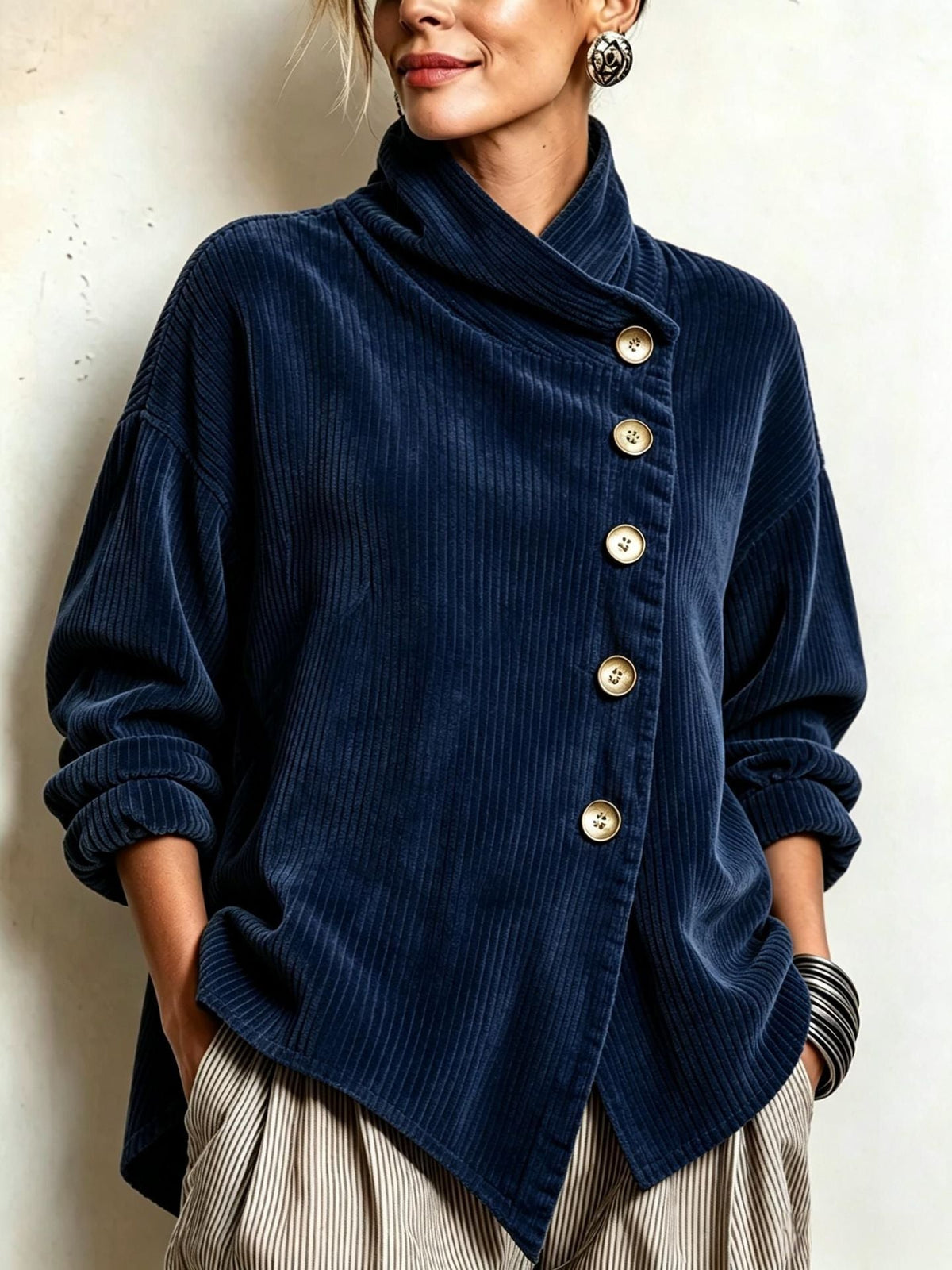 Fleur | Cowl Neck Button Pullover - Navy