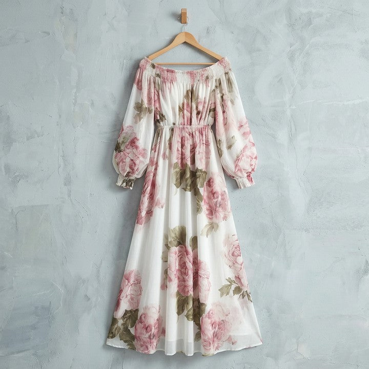 Rosalie floral off-shoulder maxi dress in White, on a hanger