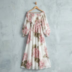 Rosalie floral off-shoulder maxi dress in White, on a hanger