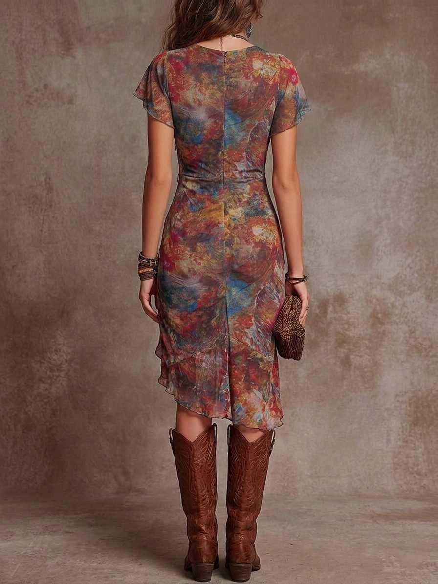 Martina | Midi Dress with Artistic Print in Boho Style