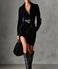 Adèle | Long-Sleeve Belted Shirt Dress - Black