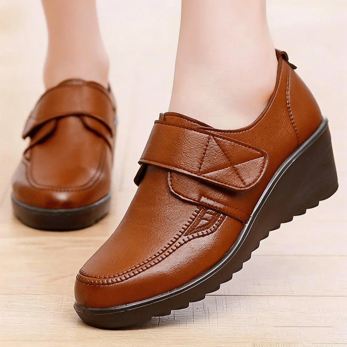 Lorraine | Adjustable-Strap Wedge Shoes - Caramel Brown