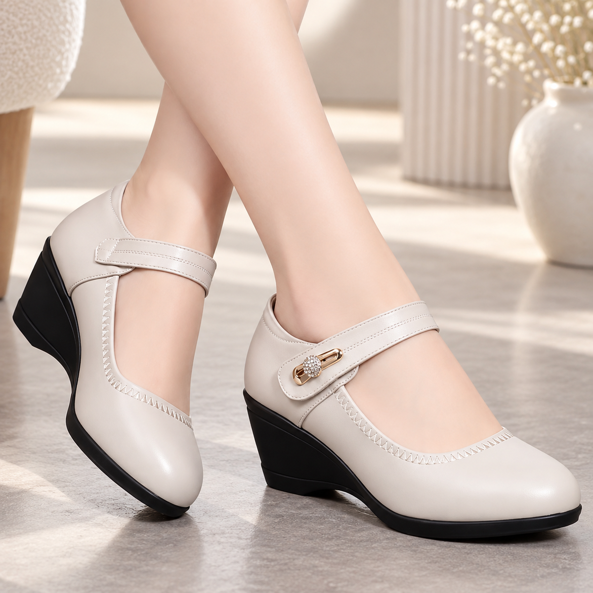 Annabel | Mary Jane Wedge Shoes - Greige