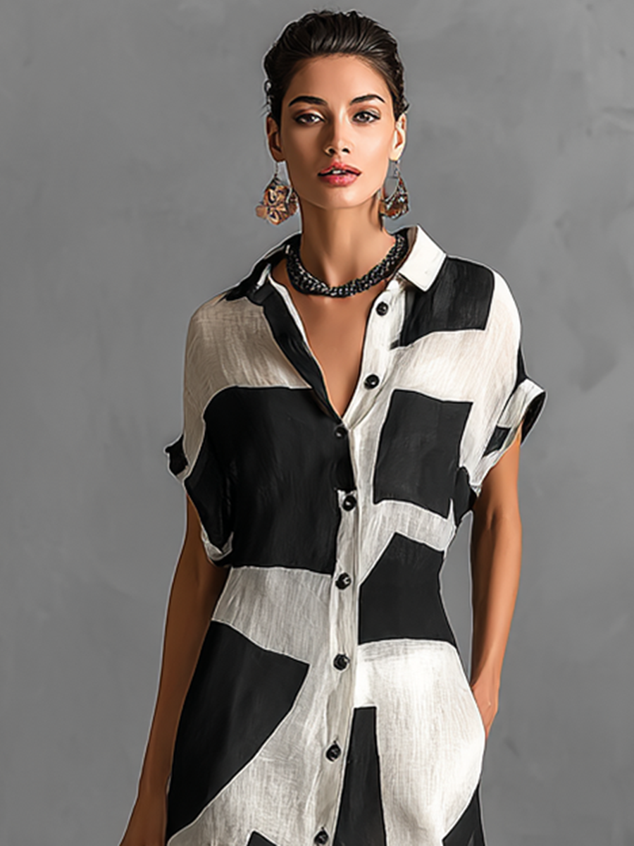 Marguerite | Geometric-Print Linen Shirt Dress