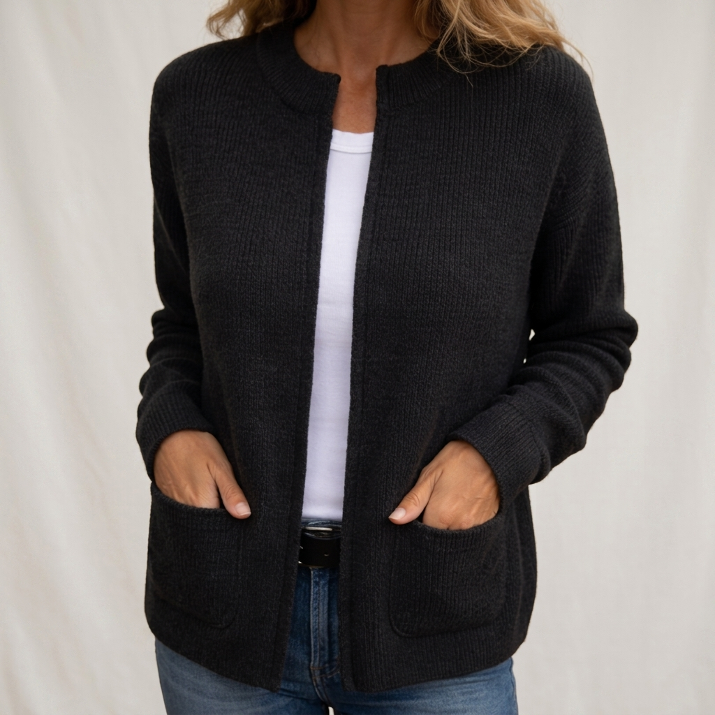 Margot | Zip-Up Cardigan with Patch Pockets - Black