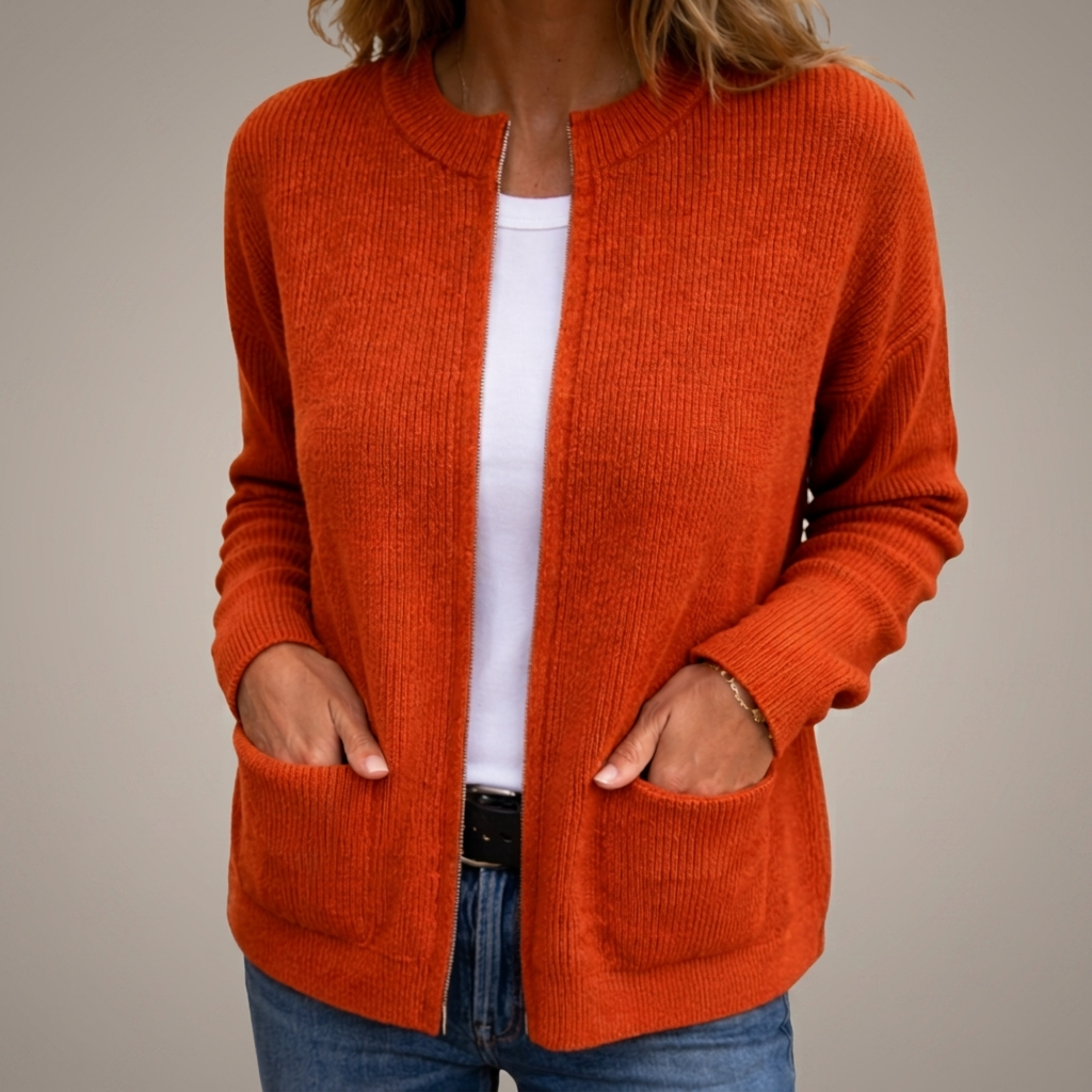 Margot | Zip-Up Cardigan with Patch Pockets - Orange