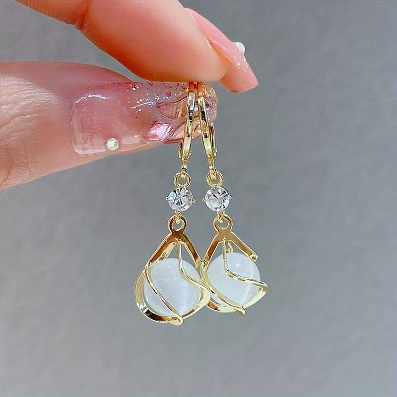 Vintage White Opal Hanging Gold Earrings