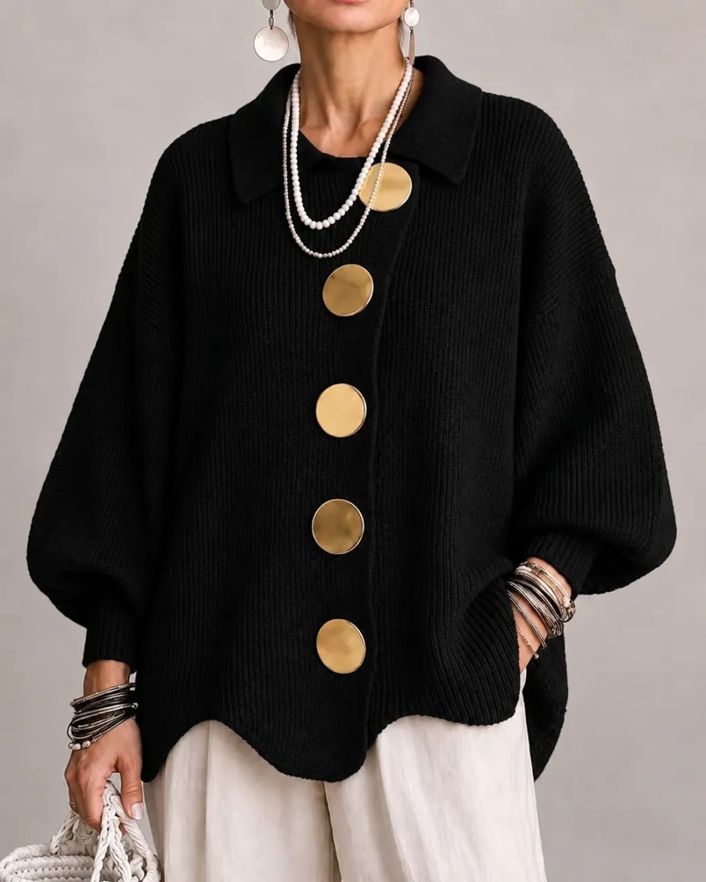 Pauline | Button-Front Scalloped Hem Cardigan - Black