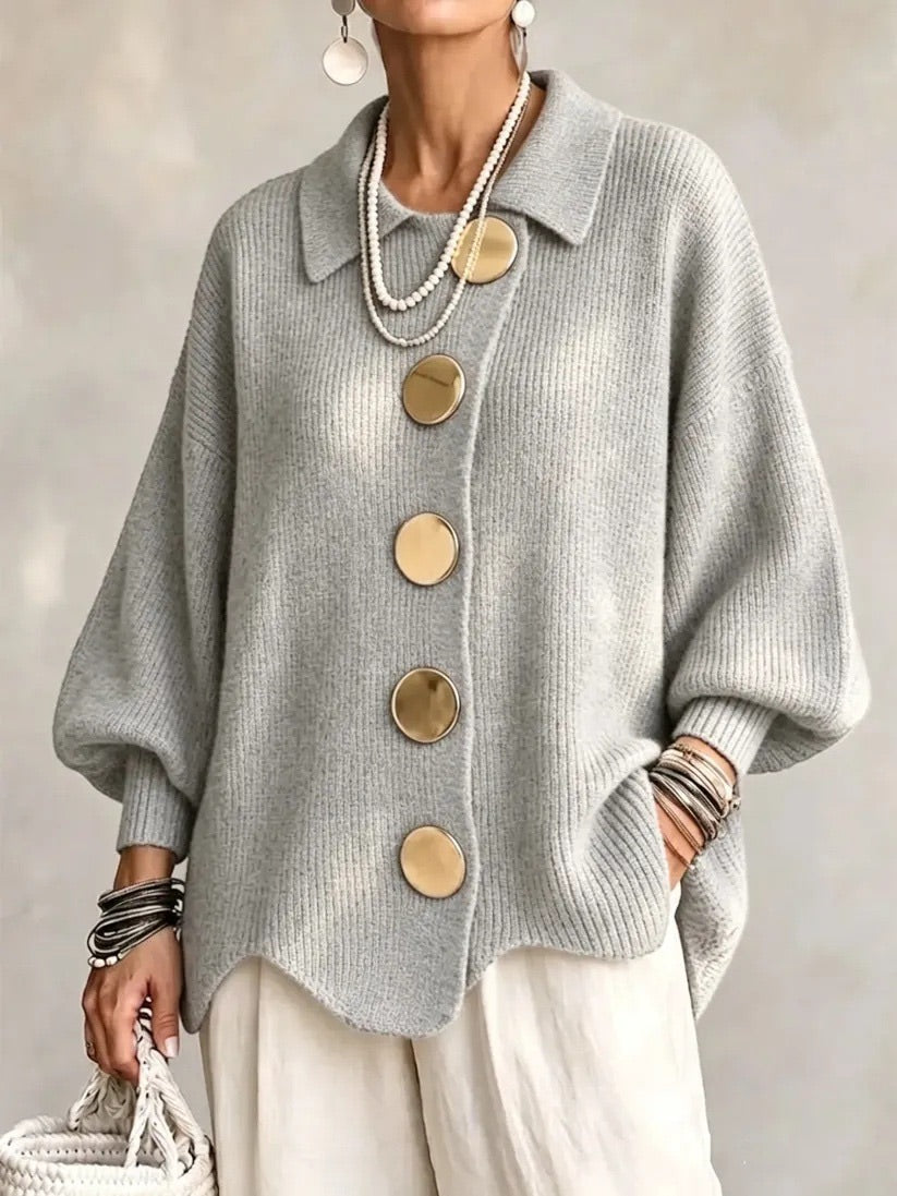Pauline | Button-Front Scalloped Hem Cardigan - Grey